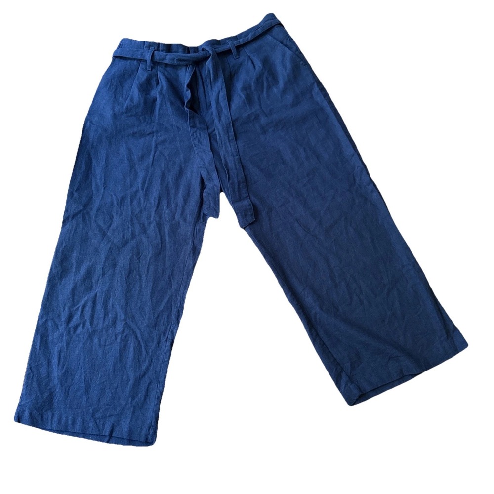 Fat Face UK Pants Women 10 Navy Blue Linen Blend Trousers Pleated Wide Leg Ankle